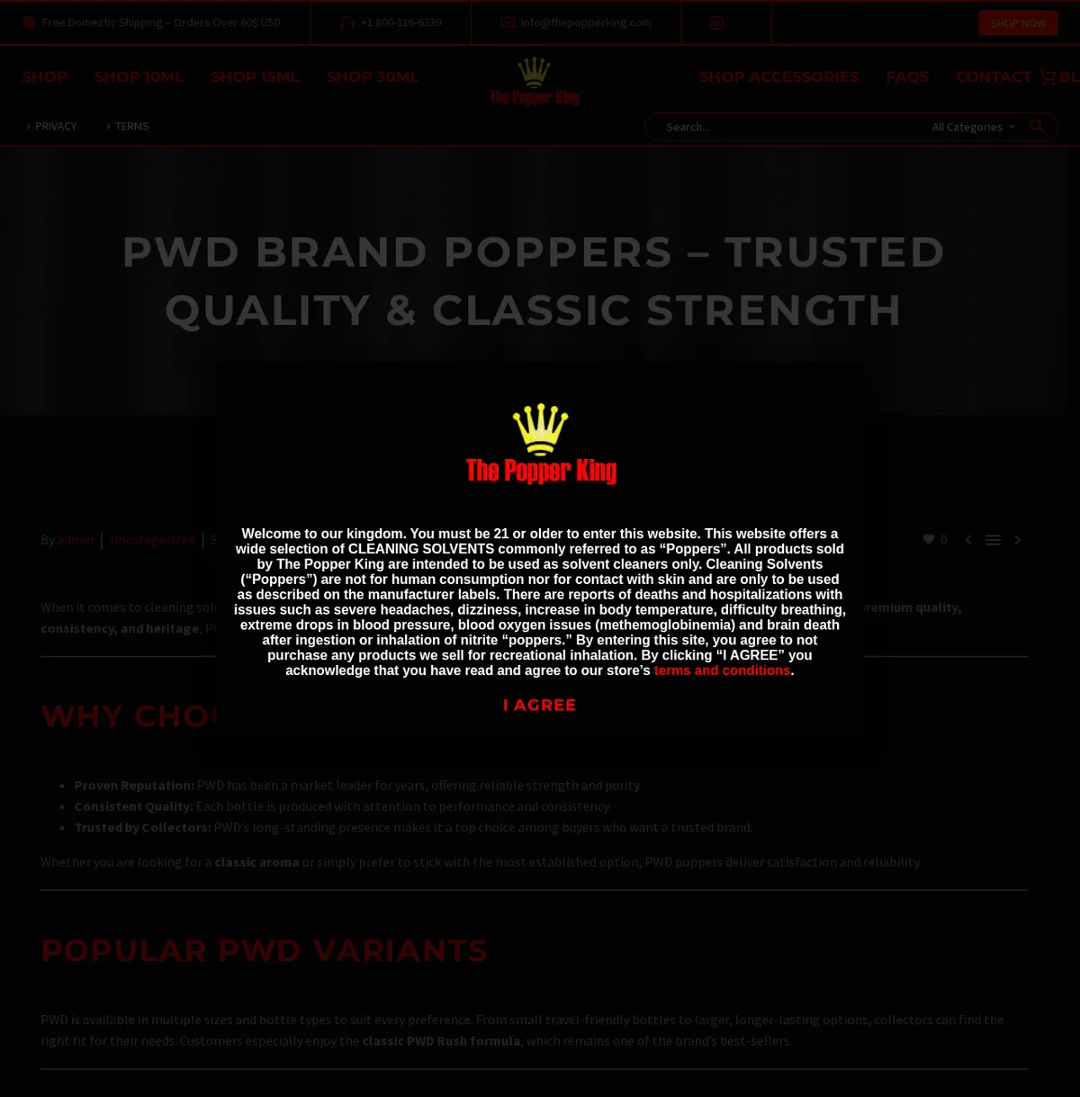 A September 2025 post on the store's blog headed PWD brand poppers, trusted quality and classic strength, under the store's age gate: you must be 21 or older; the site offers cleaning solvents commonly referred to as poppers; there are reports of deaths and hospitalizations after ingestion or inhalation; by entering you agree not to buy for recreational inhalation; an I agree button.