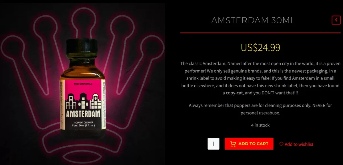 The specimen for AMSTERDAM: the store's product page for Amsterdam 30ML, a brown bottle labelled solvent cleaner, with text saying the store sells only genuine brands and that an Amsterdam bottle without the new shrink label is a copy-cat.