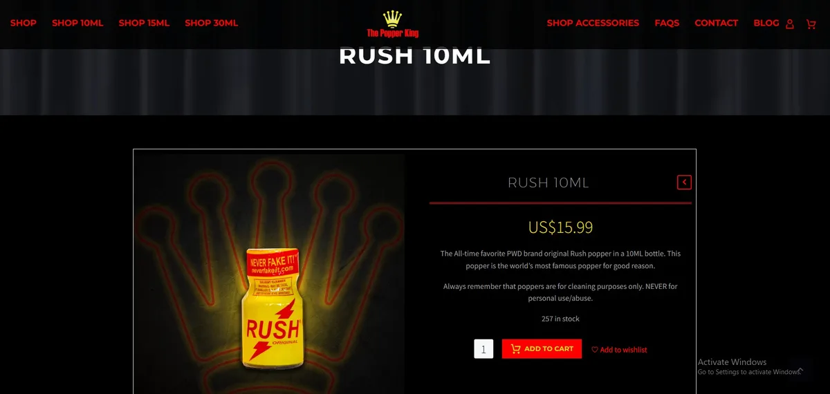 The specimen filed with the application: The Popper King's product page for Rush 10ML, a yellow Rush Original bottle with a red Never Fake It neck band and a solvent cleaner label, described as the all-time favorite PWD brand original Rush popper, with the line that poppers are for cleaning purposes only, never for personal use.