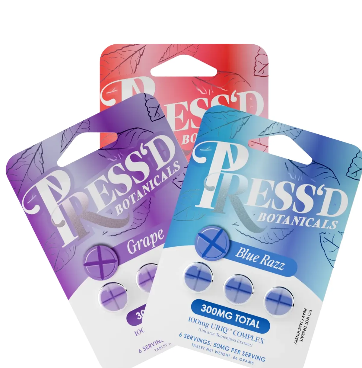 Three PRESS'D BOTANICALS blister cards, Grape, Blue Razz and a red one behind, each with round scored tablets; the Blue Razz card reads 300MG TOTAL, 100mg URIQ Complex (Uncaria Tomentosa Extract), 6 servings: 50mg per serving, tablet net weight .66 grams, and Do not operate heavy machinery.