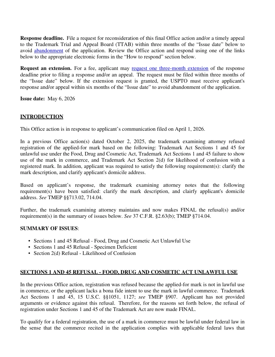Page two of a USPTO final Office action dated May 6, 2026: the introduction, a summary of issues listing a Sections 1 and 45 refusal for Food, Drug and Cosmetic Act unlawful use, a deficient specimen and likelihood of confusion, and the start of the unlawful-use section.