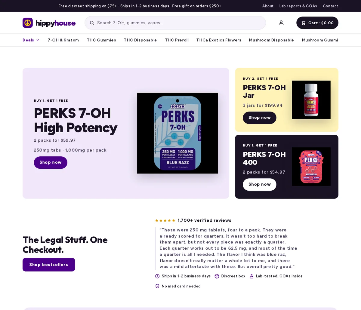 The Hippy House web store on 2026-10-12: a menu of 7-OH and Kratom, THC gummies, THC disposables, THCa flowers and mushroom products; large tiles selling Dozo PERKS 7-OH High Potency 250 mg tablets, a PERKS 7-OH jar and PERKS 7-OH 400; the slogan The Legal Stuff. One Checkout.