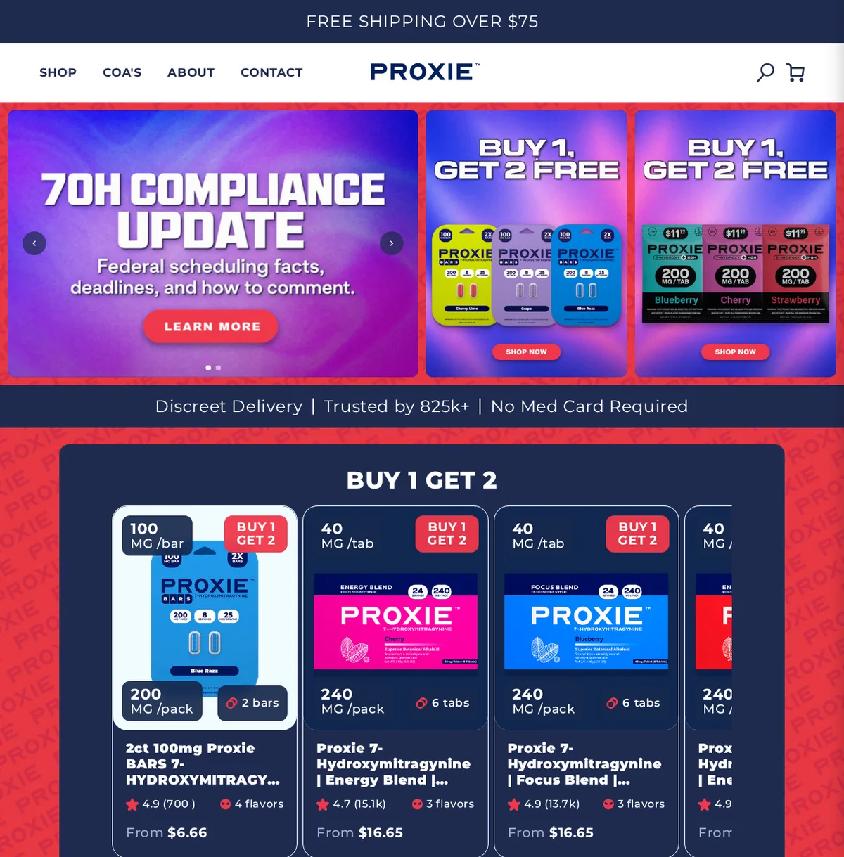 The Proxie web store on 2026-10-12, its scripts off so the age prompt does not cover it: a banner reading 7OH Compliance Update, federal scheduling facts, deadlines, and how to comment; Buy 1, Get 2 Free offers on Proxie Bars and 200 mg per tablet bottles; a strip reading Discreet Delivery, Trusted by 825k+, No Med Card Required; product tiles with ratings of 4.9 (700), 4.7 (15.1k) and 4.9 (13.7k).