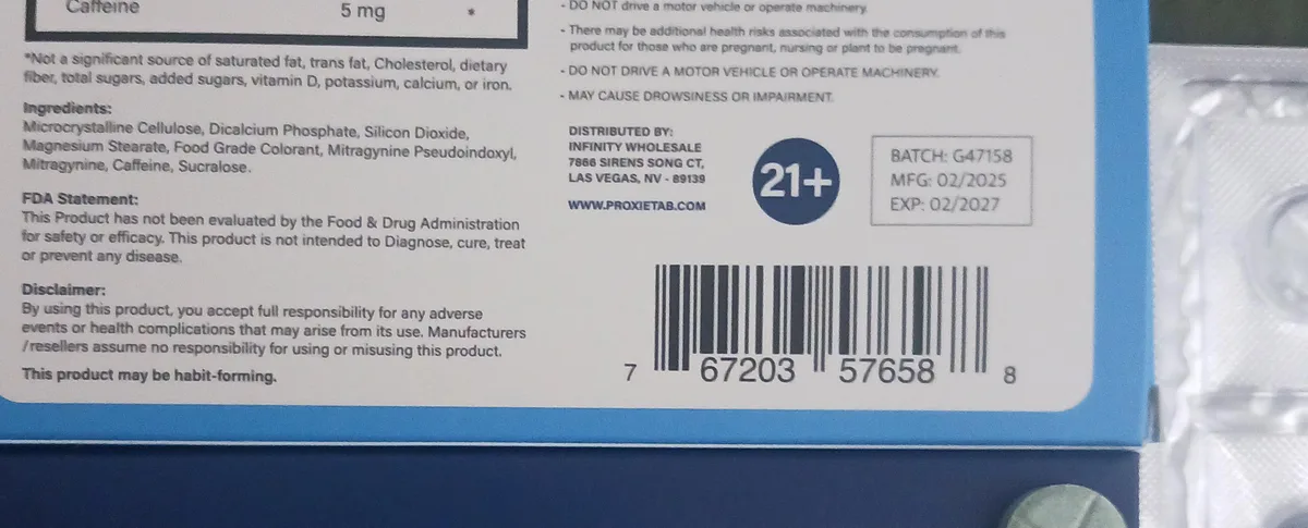 Close view of the same back panel: Ingredients: Microcrystalline Cellulose, Dicalcium Phosphate, Silicon Dioxide, Magnesium Stearate, Food Grade Colorant, Mitragynine Pseudoindoxyl, Mitragynine, Caffeine, Sucralose; FDA statement; Distributed by Infinity Wholesale, Las Vegas, NV 89139; batch G47158, MFG 02/2025, EXP 02/2027.