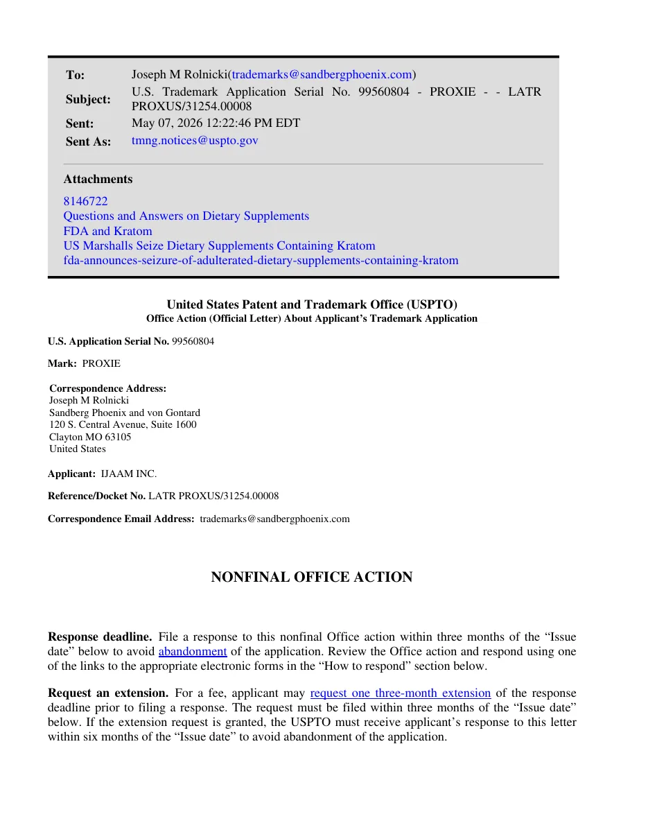 Page 1 of a USPTO nonfinal Office action of May 7, 2026 for application 99560804, mark PROXIE, applicant IJAAM Inc., reference docket number LATR PROXUS/31254.00008, sent to the applicant's lawyer in Clayton, Missouri.
