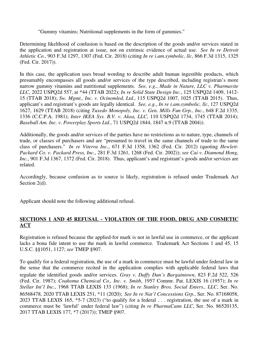 Page 3 of the Office action: the end of the likelihood-of-confusion refusal against a registered mark for gummy vitamins, and the heading Sections 1 and 45 Refusal - Violation of the Food, Drug and Cosmetic Act, saying registration is refused because the applied-for mark is not in lawful use in commerce.