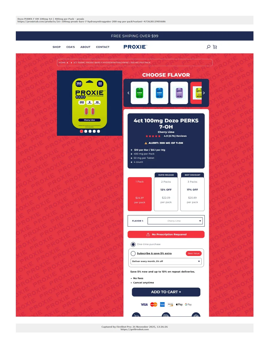 A FireShot capture dated 26 November 2025 of a Proxie web store product page, its tab titled Dozo PERKS 7-OH 100mg 4ct, 400mg per Pack, proxie. The breadcrumb reads 2ct 100mg Proxie Bars 7-Hydroxymitragynine, 200 mg per pack, the photo shows a Cherry Lime Proxie Bars card, and the product panel reads 4ct 100mg Dozo PERKS 7-OH, Cherry Lime, Alert: 200 mg of 7-OH, 400 mg per pack, 50 mg per tablet, 4 count.