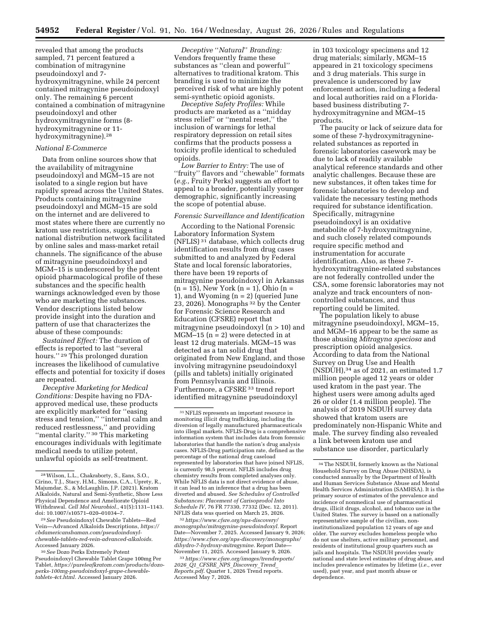 A page of the Federal Register of August 26, 2026 on mitragynine pseudoindoxyl and MGM-15: paragraphs on deceptive marketing for medical conditions and deceptive natural branding, with footnote 30 citing Dozo Perks Extremely Potent Pseudoindoxyl Chewable Tablet Grape 100mg Per Tablet at pureleafkratom.com.