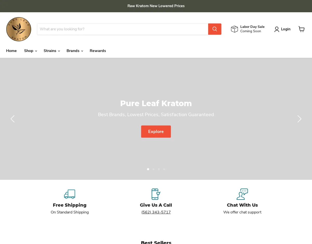 The Pure Leaf Kratom home page in July 2022: a round gold logo with a leaf, a menu of Shop, Strains, Brands and Rewards, a grey banner reading Pure Leaf Kratom, Best Brands, Lowest Prices, Satisfaction Guaranteed, and a call-us line with a 562 number.