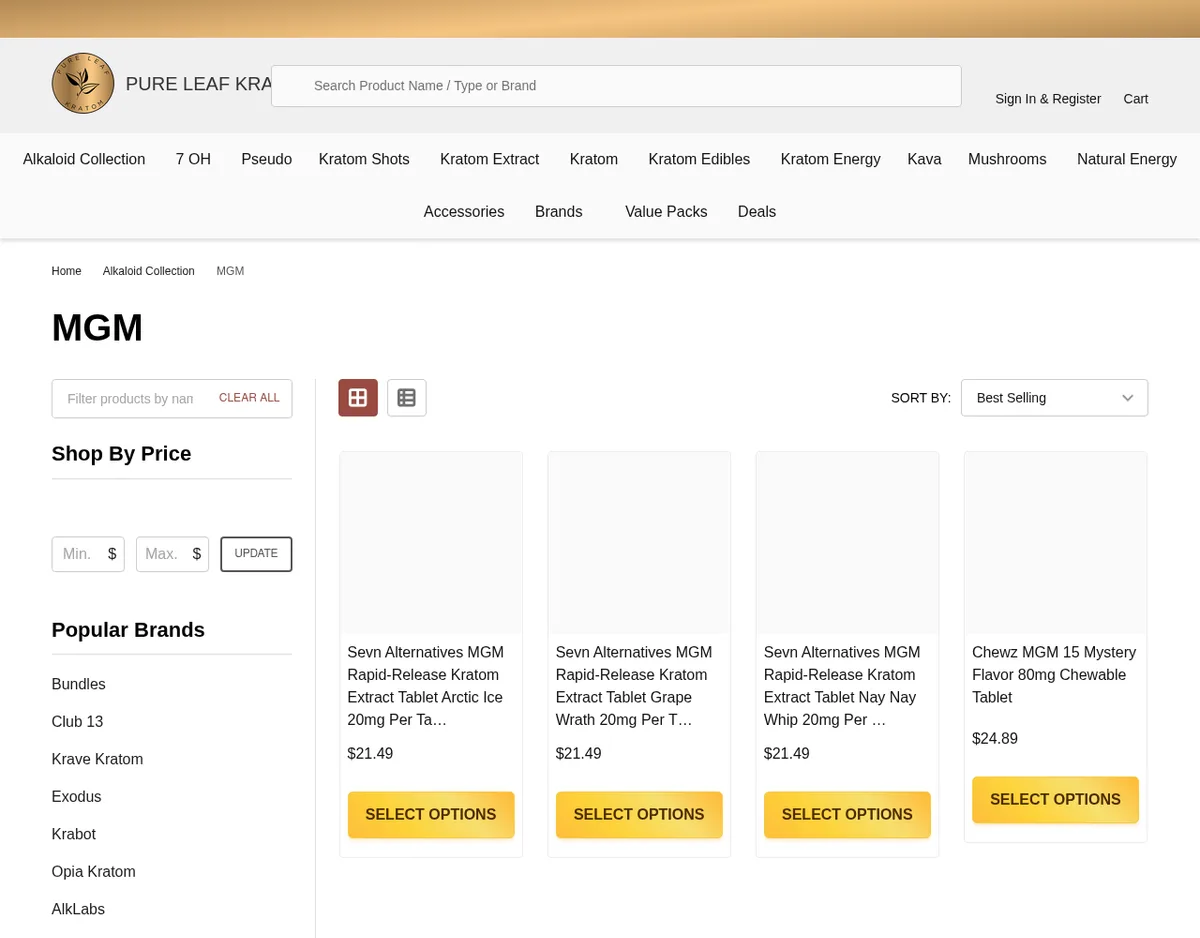 The MGM category page in April 2026, under a menu of Alkaloid Collection, 7 OH and Pseudo: Sevn Alternatives MGM Rapid-Release Kratom Extract tablets in three flavours and a Chewz MGM 15 Mystery Flavor 80mg Chewable Tablet.