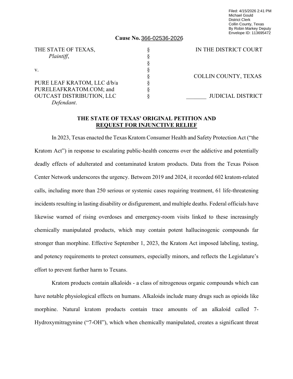 The first page of a court petition: Cause No. 366-02536-2026, The State of Texas v. Pure Leaf Kratom, LLC d/b/a PureLeafKratom.com; and Outcast Distribution, LLC, in the District Court, Collin County, Texas, filed 4/15/2026.
