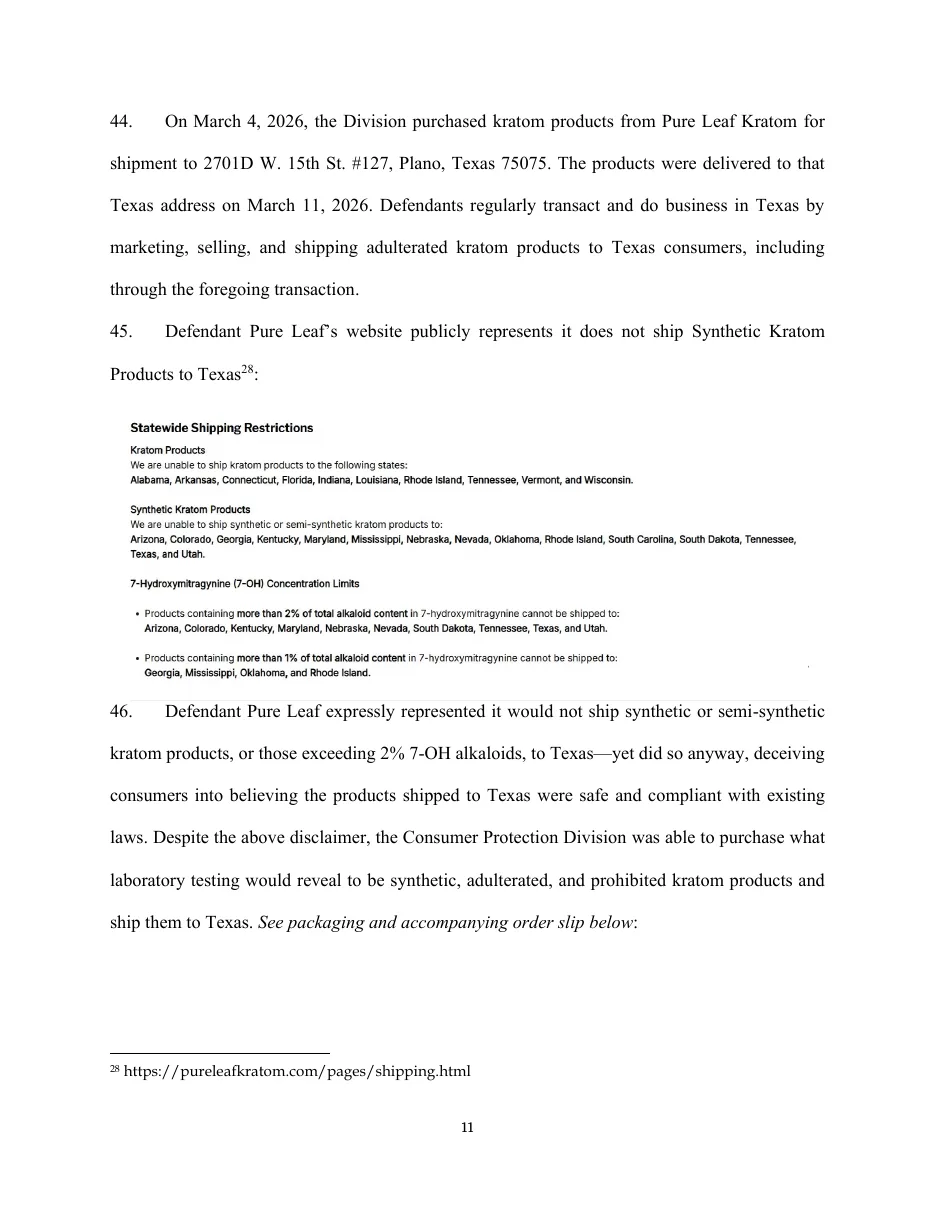 Page 11 of the petition: paragraph 44 says the Division bought kratom products from Pure Leaf Kratom on March 4, 2026 for delivery to Plano, Texas; paragraph 45 reproduces the store's Statewide Shipping Restrictions, including that synthetic kratom products are not shipped to Texas.