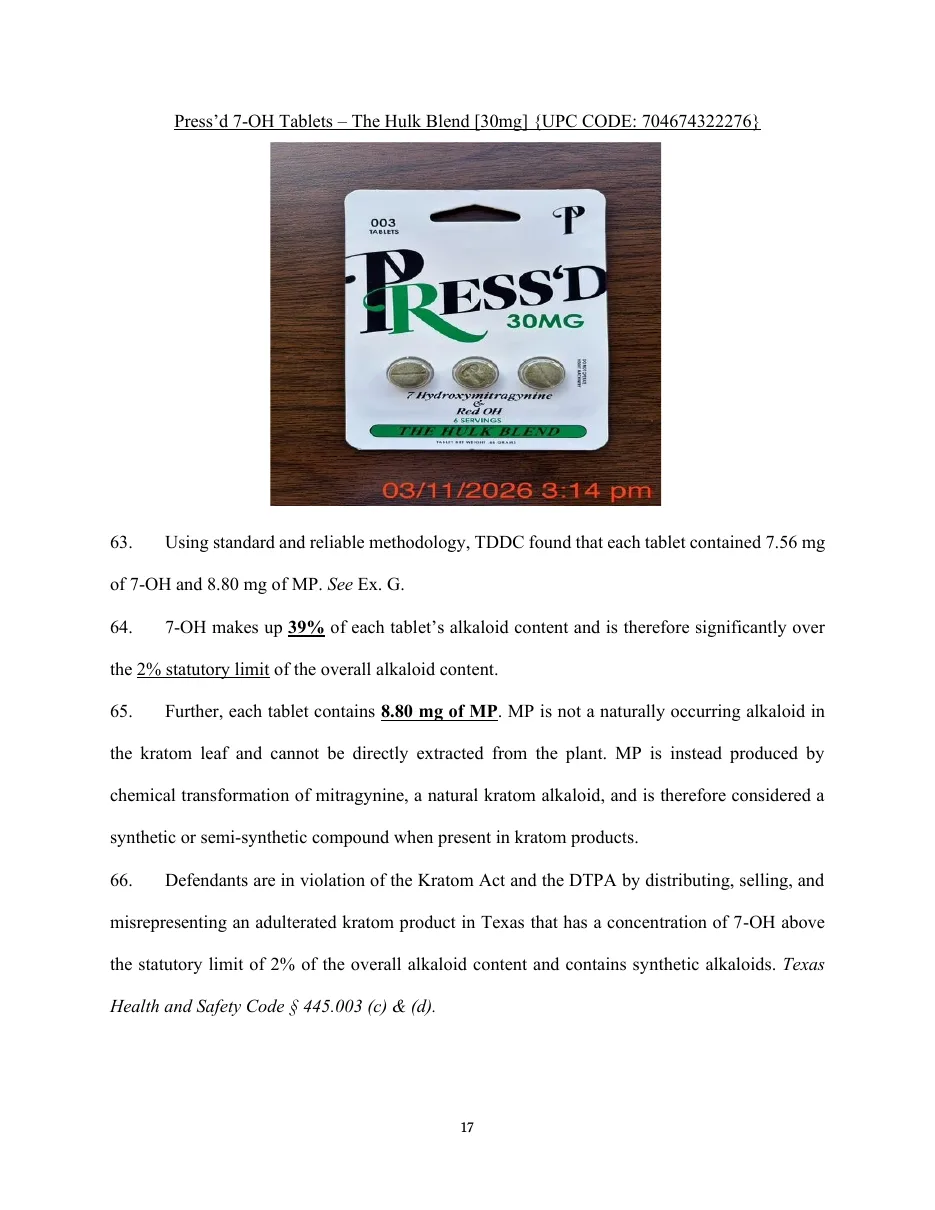 Page 17 of the petition: a Press'd 30MG card of three tablets labelled 7 Hydroxymitragynine and Red OH, The Hulk Blend, and paragraphs reporting 7.56 mg of 7-OH and 8.80 mg of MP per tablet.