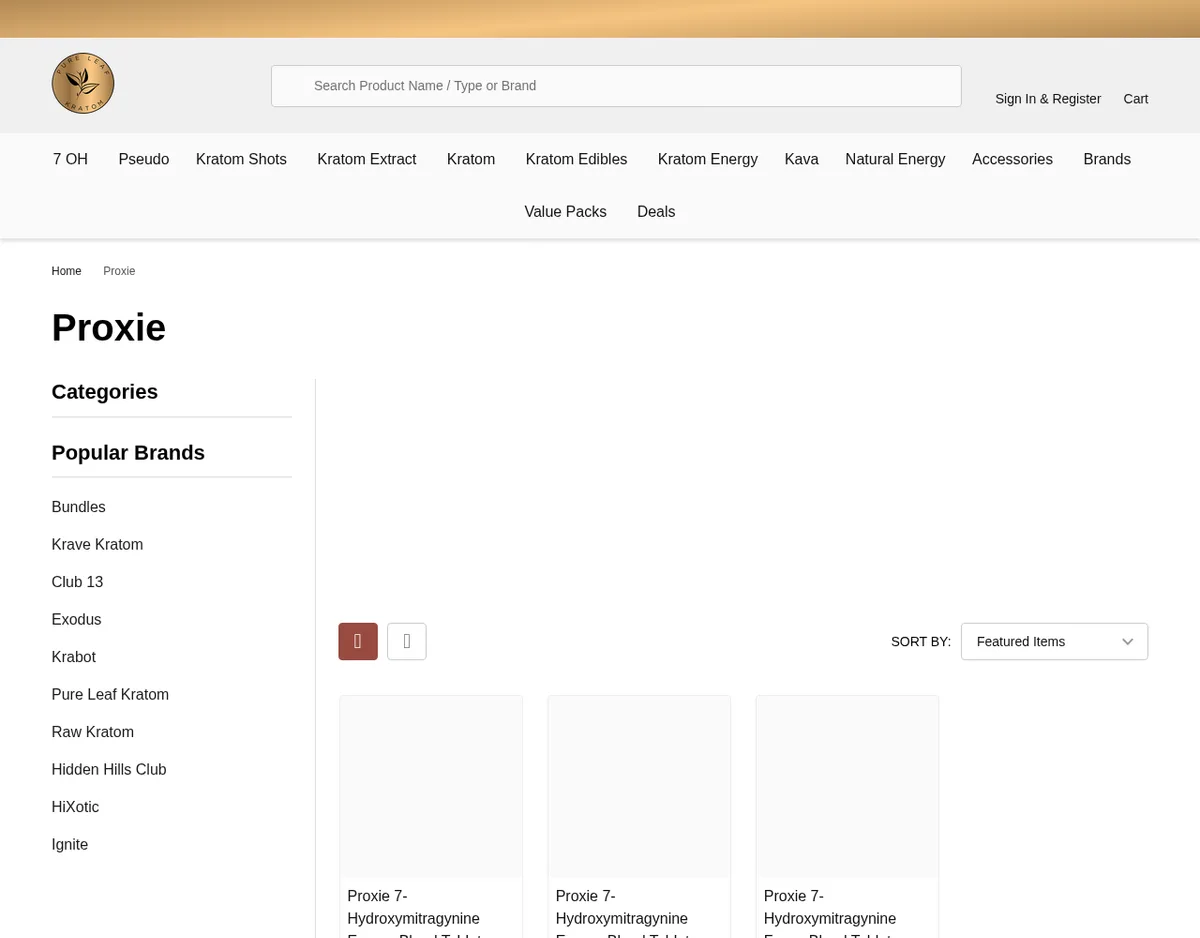 The Proxie brand page on pureleafkratom.com in August 2025, under a menu that includes 7 OH and Pseudo, listing Proxie 7-Hydroxymitragynine tablets.