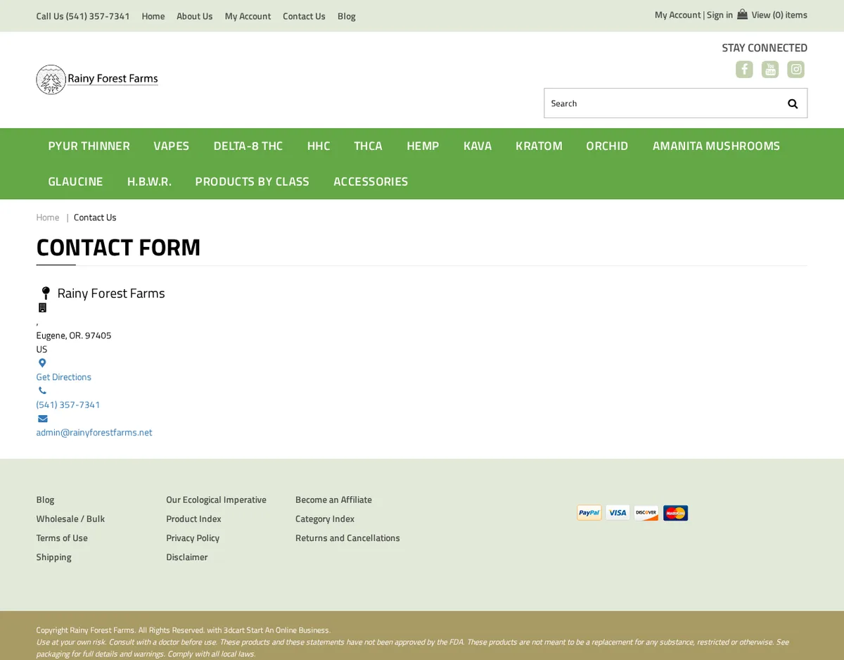 A contact page giving 'Rainy Forest Farms', a blank street line, 'Eugene, OR. 97405 US', the phone (541) 357-7341 and admin@rainyforestfarms.net, with PayPal, Visa, Discover and MasterCard logos and a footer crediting 3dcart.