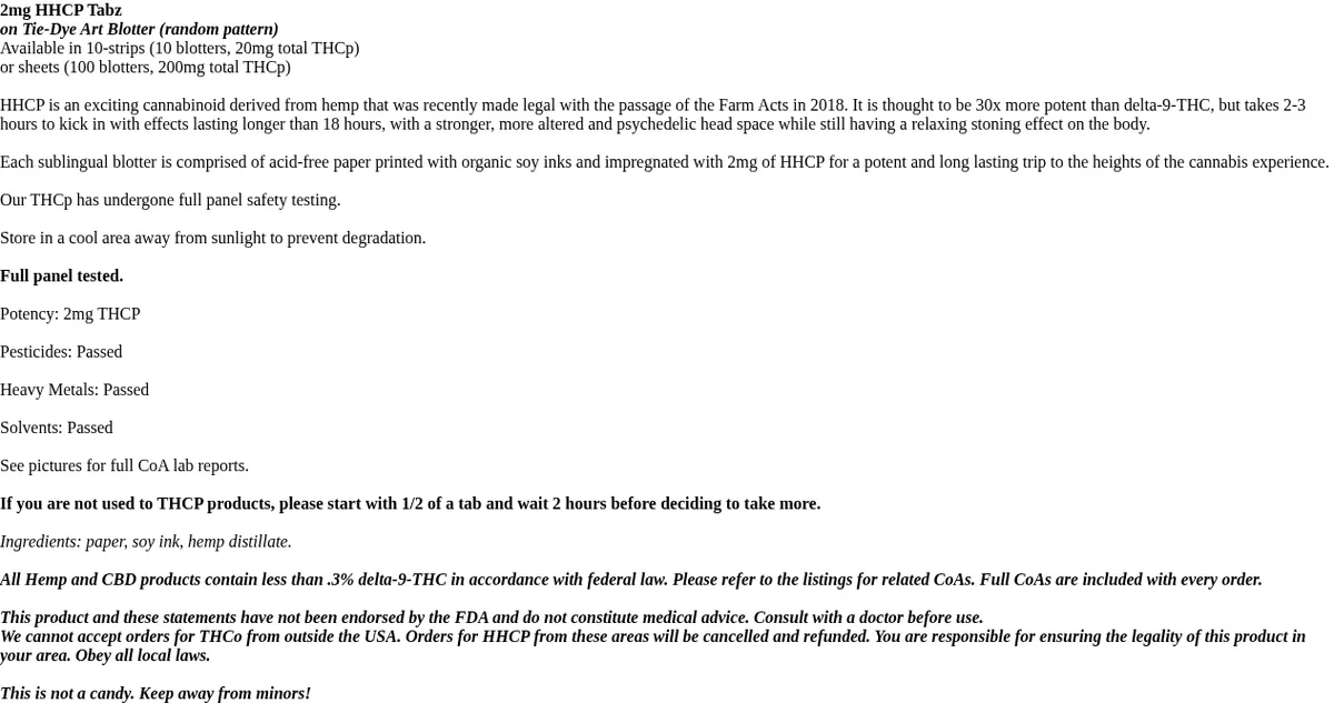 Product text for '2mg HHCP Tabz': strips with '20mg total THCp', a claim that HHCP 'is thought to be 30x more potent than delta-9-THC', 'Our THCp has undergone full panel safety testing' and 'Potency: 2mg THCP'.