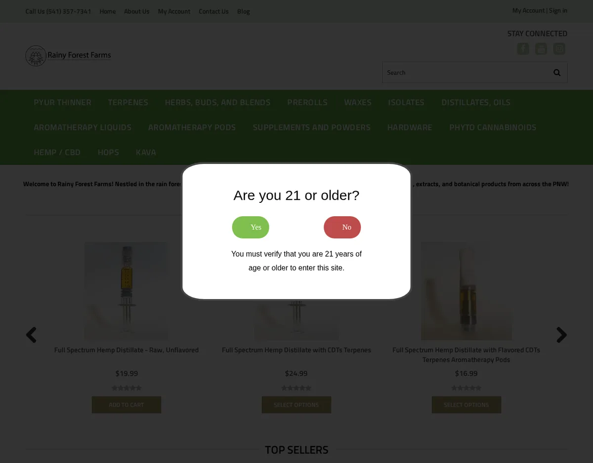 The rainyforestfarms.net home page in April 2021 with a menu of Pyur Thinner, terpenes, waxes, distillates and aromatherapy pods, dimmed behind a dialog: 'Are you 21 or older?' with Yes and No buttons.