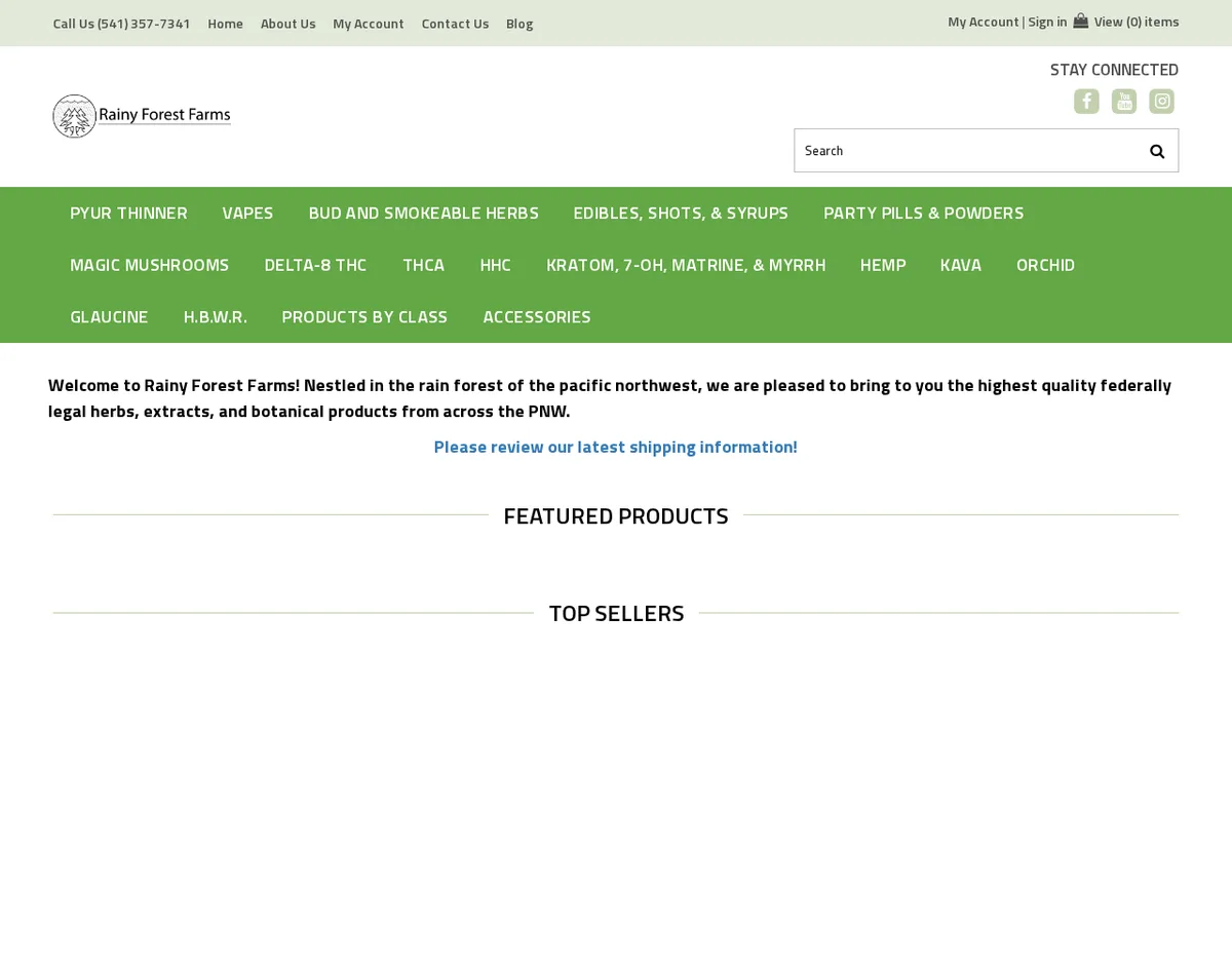 The rainyforestfarms.net home page: a green menu with Pyur Thinner, Vapes, Edibles, Shots & Syrups, Party Pills & Powders, Magic Mushrooms, Delta-8 THC, THCA, HHC, 'Kratom, 7-OH, Matrine, & Myrrh', Hemp, Kava, Orchid, Glaucine and H.B.W.R., and a welcome line about 'federally legal herbs, extracts, and botanical products'.