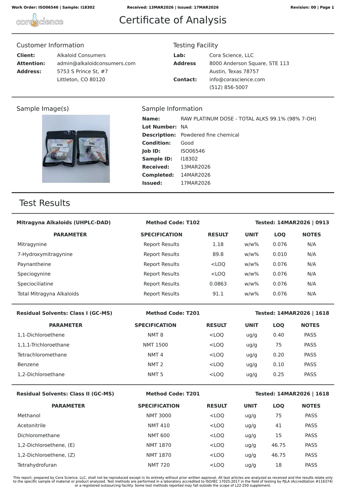 Page one of a Cora Science certificate of analysis for client Alkaloid Consumers, sample RAW PLATINUM DOSE - TOTAL ALKS 99.1% (98% 7-OH), photographed in two RAW pouches; results: 7-Hydroxymitragynine 89.8 w/w%, Mitragynine 1.18, Total Mitragyna Alkaloids 91.1; residual solvents all below the limit of quantitation, PASS.