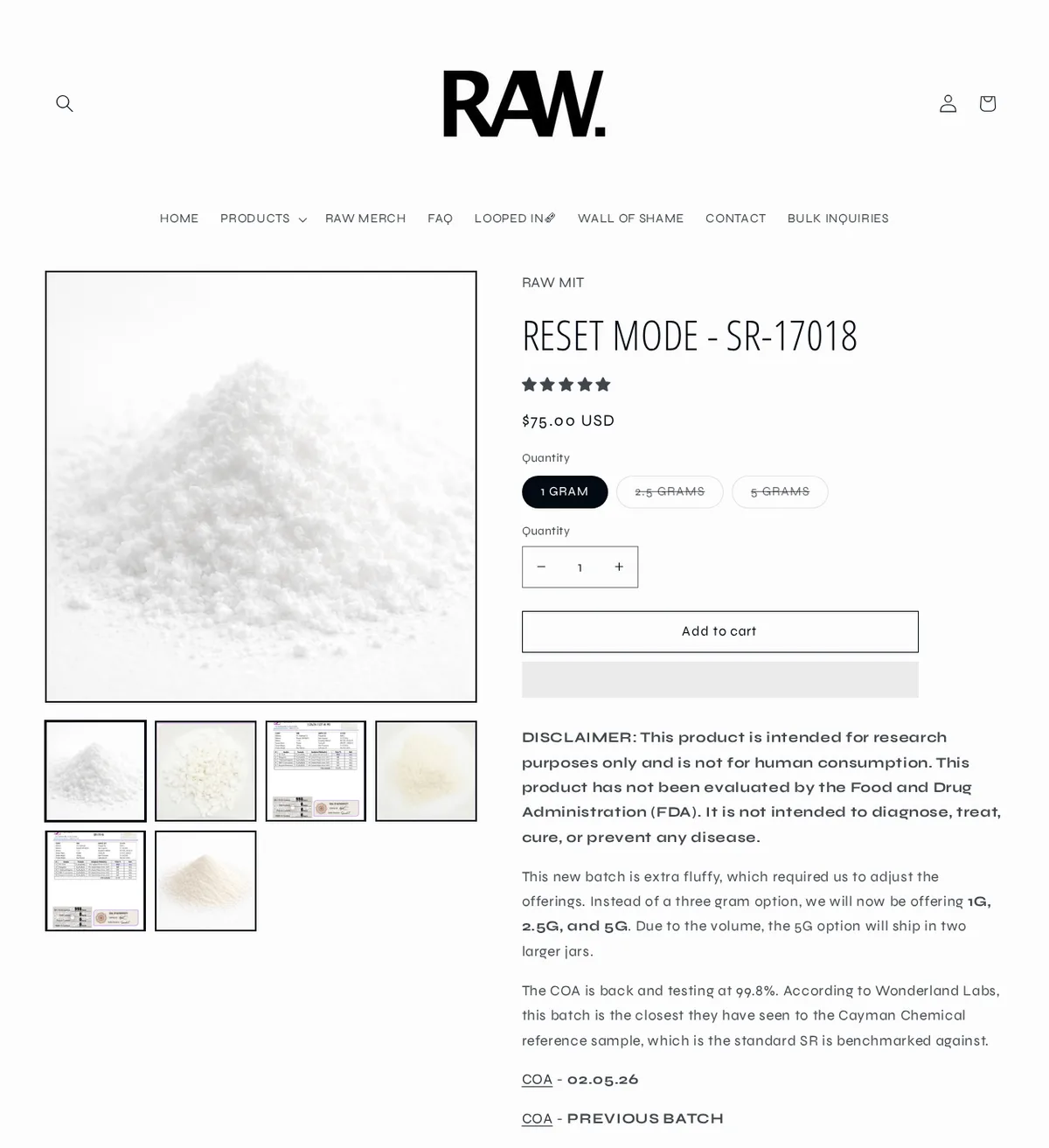 A product page for RESET MODE - SR-17018 under the brand RAW MIT: a photograph of white powder, five stars, quantities of 1 gram, 2.5 grams and 5 grams, a bold disclaimer that the product is intended for research purposes only and is not for human consumption, and text that the COA is back and testing at 99.8% according to Wonderland Labs.