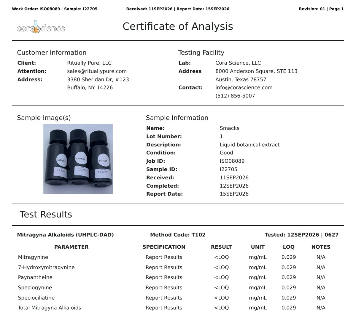 A Cora Science certificate of analysis, sample I22705, received 11 September 2026, reported 15 September 2026, client Ritually Pure, LLC, 3380 Sheridan Dr, #123, Buffalo, NY 14226; sample name Smacks, a liquid botanical extract, photographed as three black bottles labelled SMACKS; mitragynine, 7-hydroxymitragynine, paynantheine, speciogynine, speciociliatine and total Mitragyna alkaloids all below the limit of quantitation, 0.029 mg/mL.