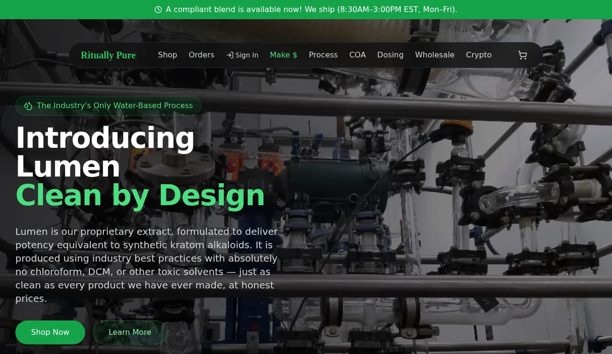 The rituallypure.com home page on 2026-10-16: a green banner reading A compliant blend is available now!, a menu with Shop, Orders, Make $, Process, COA, Dosing, Wholesale and Crypto, and over a photograph of glass laboratory apparatus the headline Introducing Lumen, Clean by Design, with the text Lumen is our proprietary extract, formulated to deliver potency equivalent to synthetic kratom alkaloids.