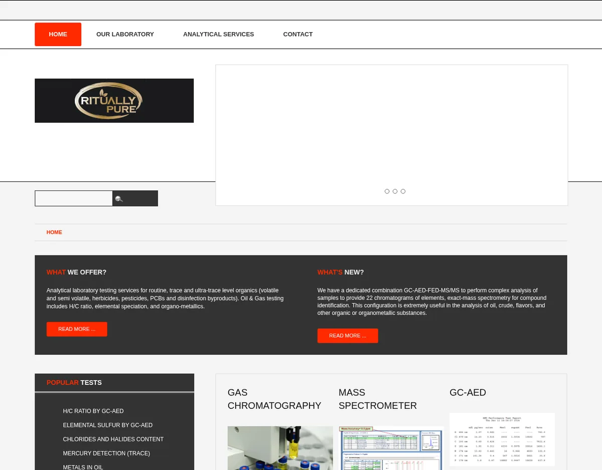 The rituallypure.com home page in March 2022: a gold Ritually Pure logo, menu items Home, Our Laboratory, Analytical Services and Contact, a panel headed What we offer describing laboratory testing for trace organics, pesticides, PCBs, and oil and gas, and a list of popular tests such as H/C ratio by GC-AED and metals in oil.