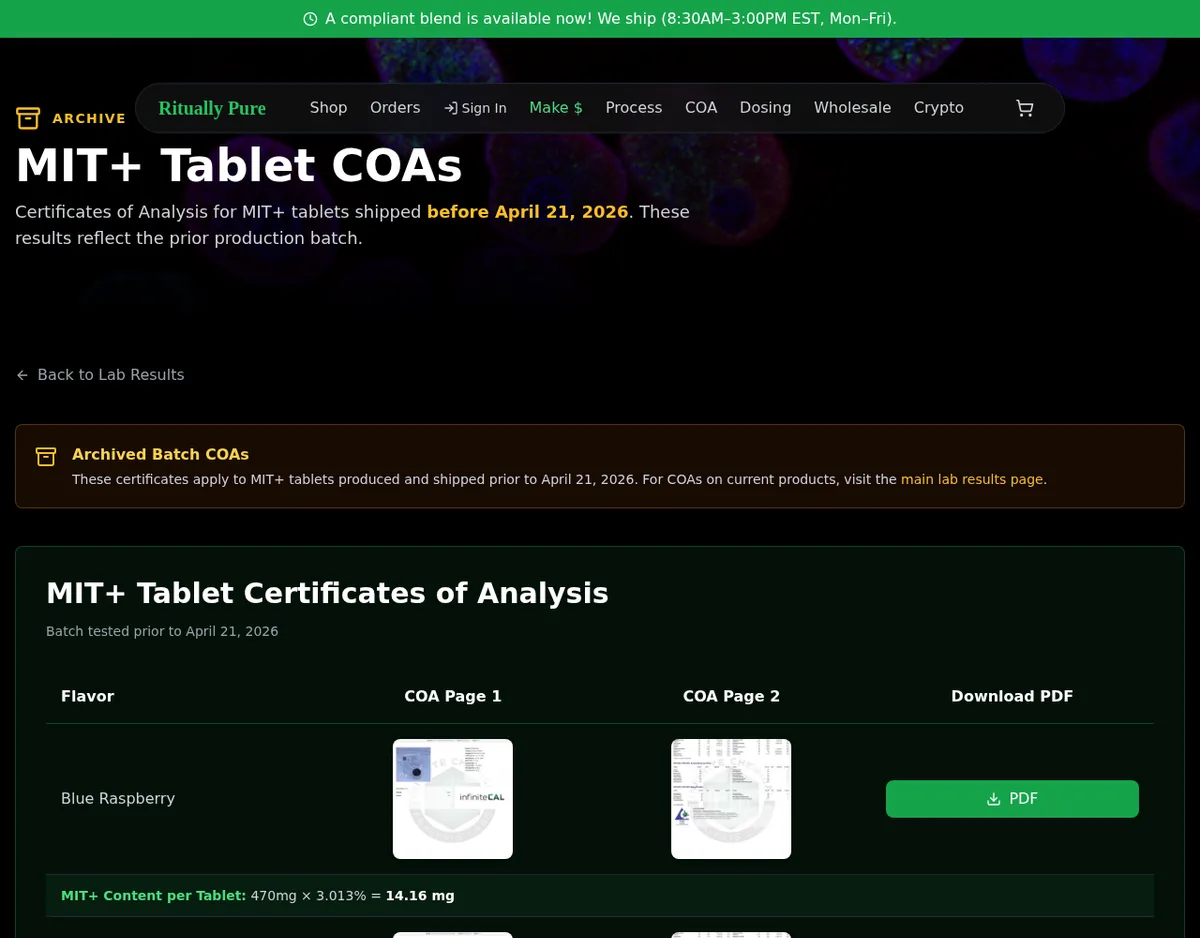 The rituallypure.com archive page in October 2026, headed MIT+ Tablet COAs: Certificates of Analysis for MIT+ tablets shipped before April 21, 2026. These results reflect the prior production batch. Below, a table of flavours with thumbnails of infiniteCAL certificate pages, and for Blue Raspberry the line MIT+ Content per Tablet: 470mg × 3.013% = 14.16 mg.