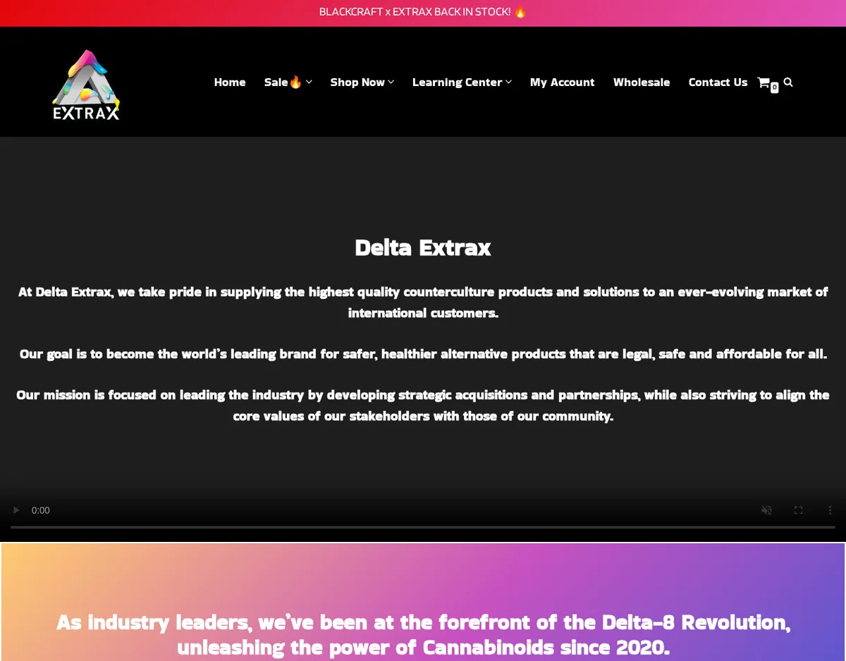 The Delta Extrax About Us page in March 2023: a rainbow Extrax logo, a menu with Sale, Shop Now, Learning Center, Wholesale and Contact Us, and three centred paragraphs under the heading Delta Extrax about counterculture products, a goal of safer healthier alternatives, and a mission of acquisitions and partnerships, above a banner reading at the forefront of the Delta-8 Revolution since 2020.