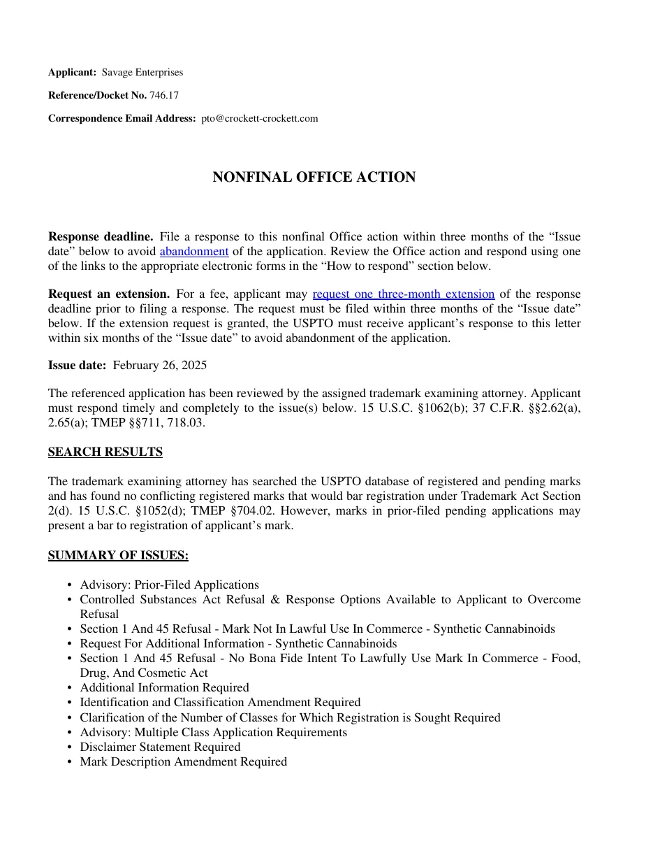 Page 2 of a USPTO nonfinal office action dated February 26, 2025 to Savage Enterprises for CHRONIX BY EXTRAX, listing the summary of issues: prior-filed applications, a Controlled Substances Act refusal, a refusal for marks not in lawful use in commerce for synthetic cannabinoids, a request for information about synthetic cannabinoids, and a Food, Drug and Cosmetic Act refusal.