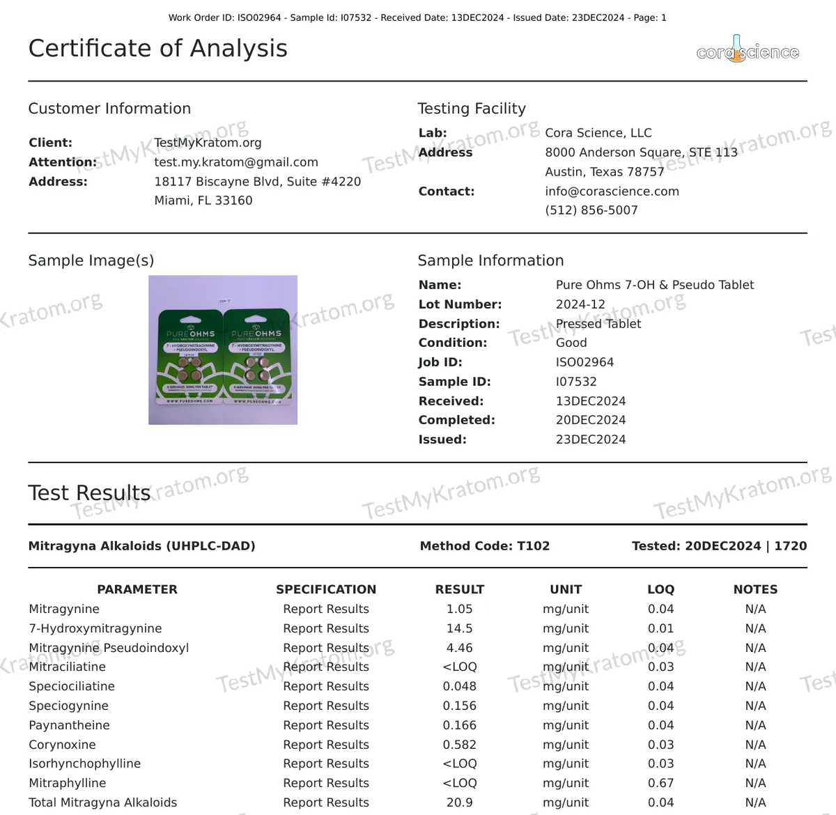 Cora Science certificate of analysis I07532 for TestMyKratom, issued 23 December 2024: a photo of two green Pure Ohms 7-hydroxymitragynine plus pseudoindoxyl cards, lot 2024-12, and a results table: mitragynine 1.05 mg, 7-hydroxymitragynine 14.5 mg, mitragynine pseudoindoxyl 4.46 mg, corynoxine 0.582 mg, total alkaloids 20.9 mg per unit.