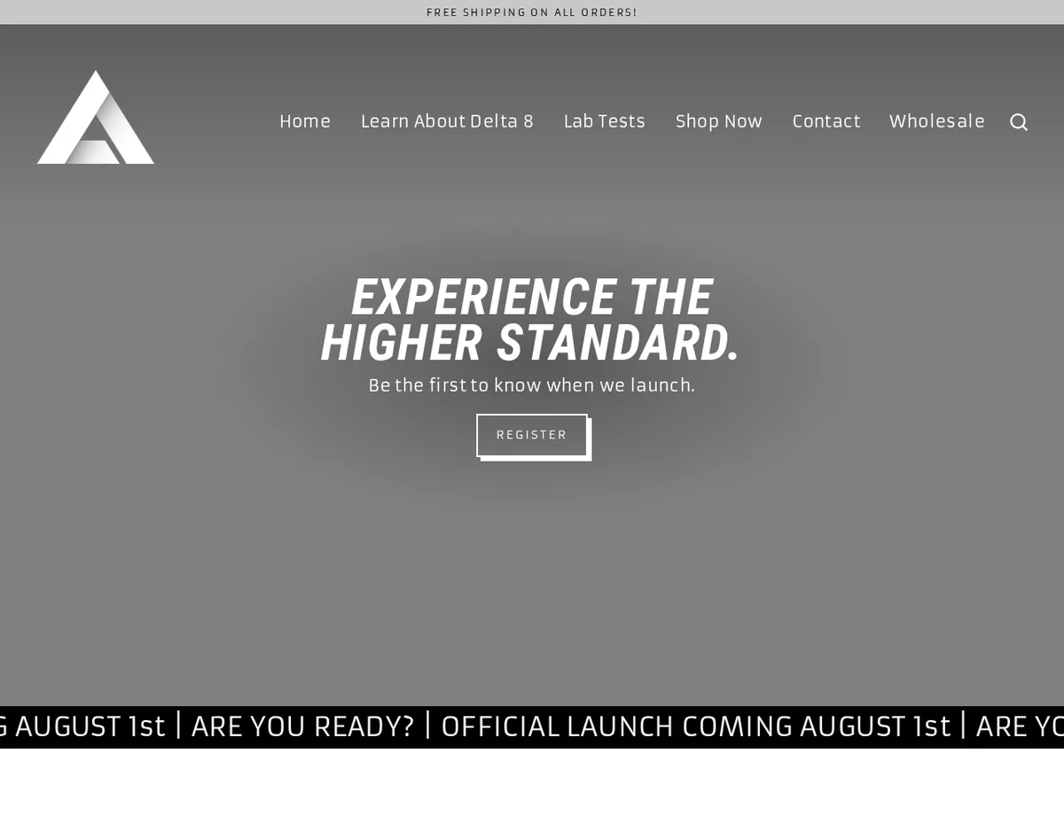 The deltaeffex.com home page in July 2020: a grey page with a white triangle logo, the headline Experience the higher standard, the line Be the first to know when we launch, a Register button and a black ticker reading Official launch coming August 1st, are you ready?
