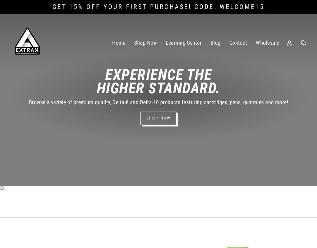 The deltaextrax.com home page in September 2021: the Extrax triangle logo with the words premium hemp-derived products, the same headline Experience the higher standard, and a line offering Delta-8 and Delta-10 cartridges, pens and gummies.