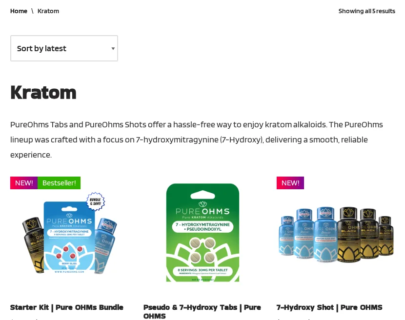 The Kratom category on deltaextrax.com in February 2025: a line saying PureOhms Tabs and PureOhms Shots offer a hassle-free way to enjoy kratom alkaloids and that the lineup was crafted with a focus on 7-hydroxymitragynine, above three products: a Pure Ohms starter kit of blue shots and a tablet card, a green card of Pseudo and 7-Hydroxy tablets reading 7-hydroxymitragynine plus pseudoindoxyl, and a row of blue and black 7-Hydroxy shots. Prices cropped.