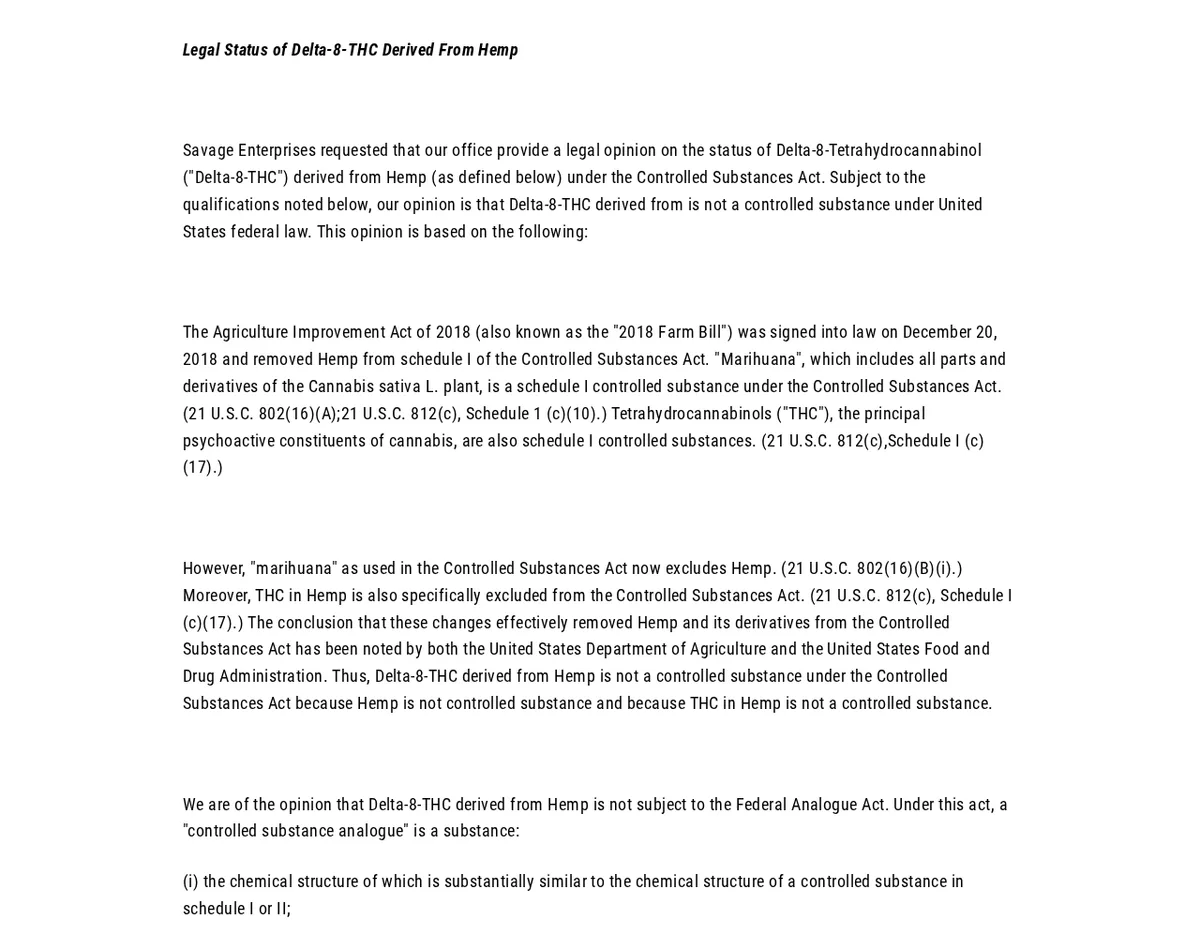 The Delta Extrax Legal Notice page in September 2021, headed Legal Status of Delta-8-THC Derived From Hemp, beginning Savage Enterprises requested that our office provide a legal opinion, followed by paragraphs citing the 2018 Farm Bill and 21 U.S.C. 802 and 812 and introducing the Federal Analogue Act.