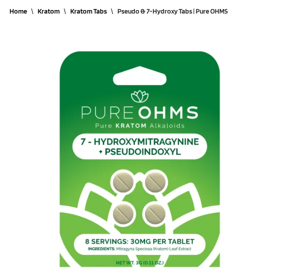 A green Pure Ohms tablet card on the Delta Extrax product page, February 2025: Pure Ohms, Pure Kratom Alkaloids, 7-Hydroxymitragynine plus Pseudoindoxyl, four round tablets, 8 servings, 30mg per tablet, ingredients Mitragyna speciosa (kratom) leaf extract.