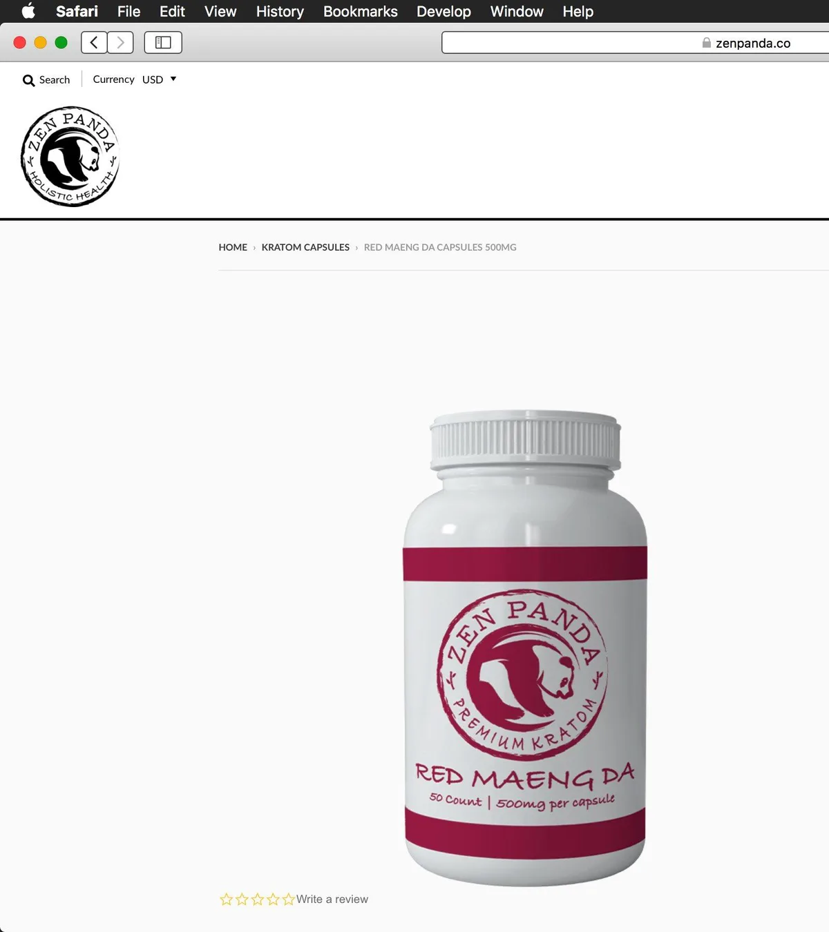 A screenshot of a Safari window dated Fri Apr 3 showing zenpanda.co: a Zen Panda Holistic Health logo, a breadcrumb Kratom Capsules, Red Maeng Da Capsules 500mg, and a white bottle labelled Zen Panda Premium Kratom, Red Maeng Da, 50 count, 500mg per capsule. The price column is cropped off.