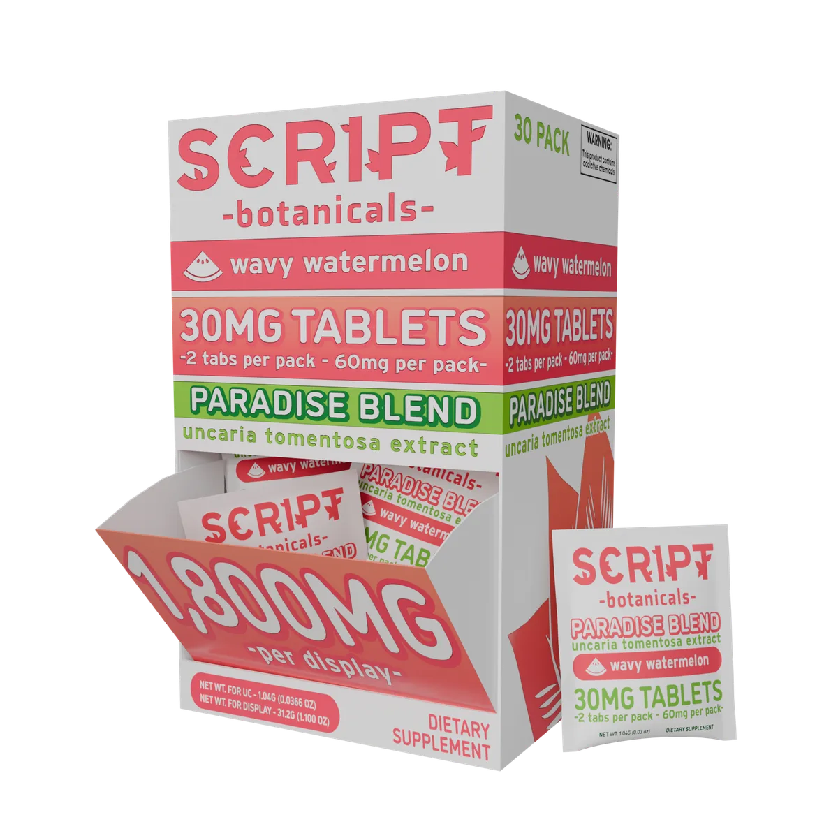 A product rendering of a Script Botanicals display box, wavy watermelon, 30MG TABLETS, 2 tabs per pack, 60mg per pack, PARADISE BLEND uncaria tomentosa extract, 1,800MG per display, DIETARY SUPPLEMENT, with a side panel reading WARNING: This product contains addictive chemicals.