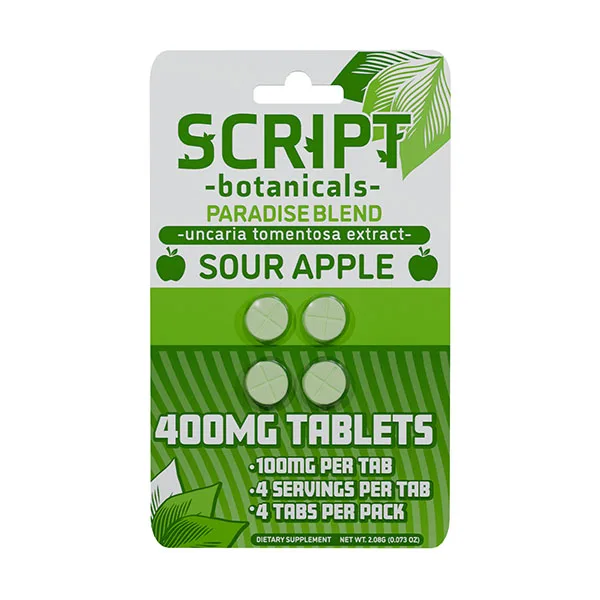 A Script Botanicals Paradise Blend Sour Apple blister card with four pale green tablets, each scored with a cross, printed 400MG TABLETS, 100MG PER TAB, 4 SERVINGS PER TAB, 4 TABS PER PACK, DIETARY SUPPLEMENT, NET WT. 2.08G.