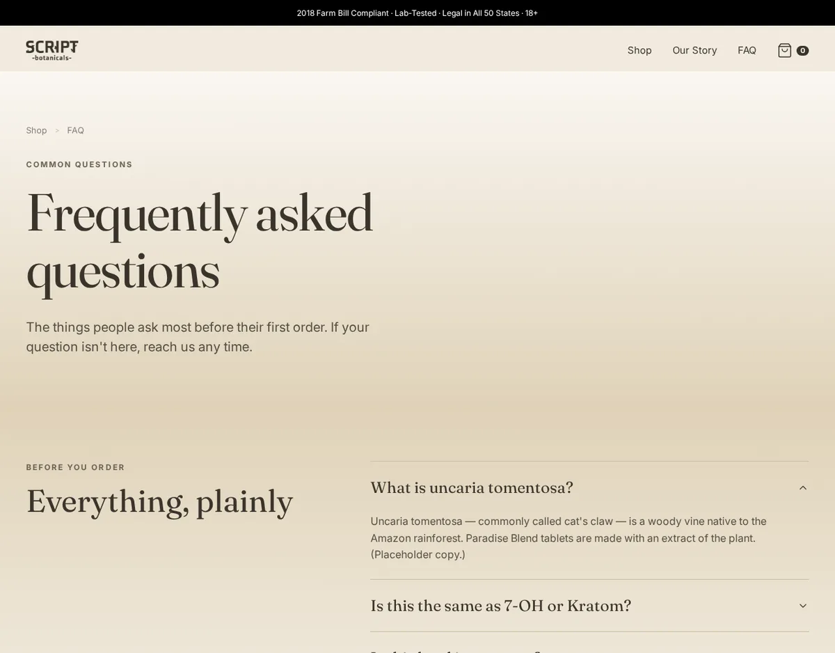 The Script Botanicals FAQ page, whose first answer, on what Uncaria tomentosa is, ends with the words (Placeholder copy.)