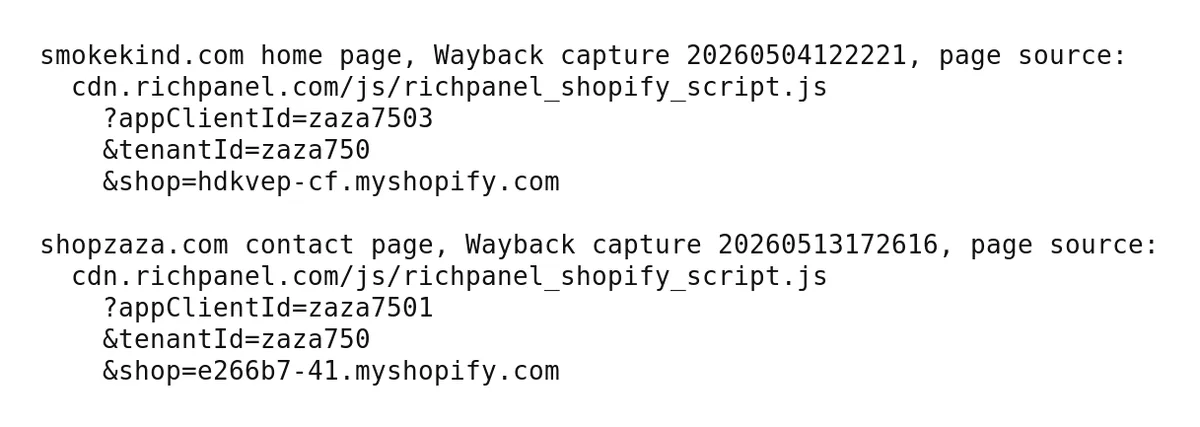 Two lines of page source, set as text: each store's Richpanel helpdesk script, both with tenantId=zaza750.