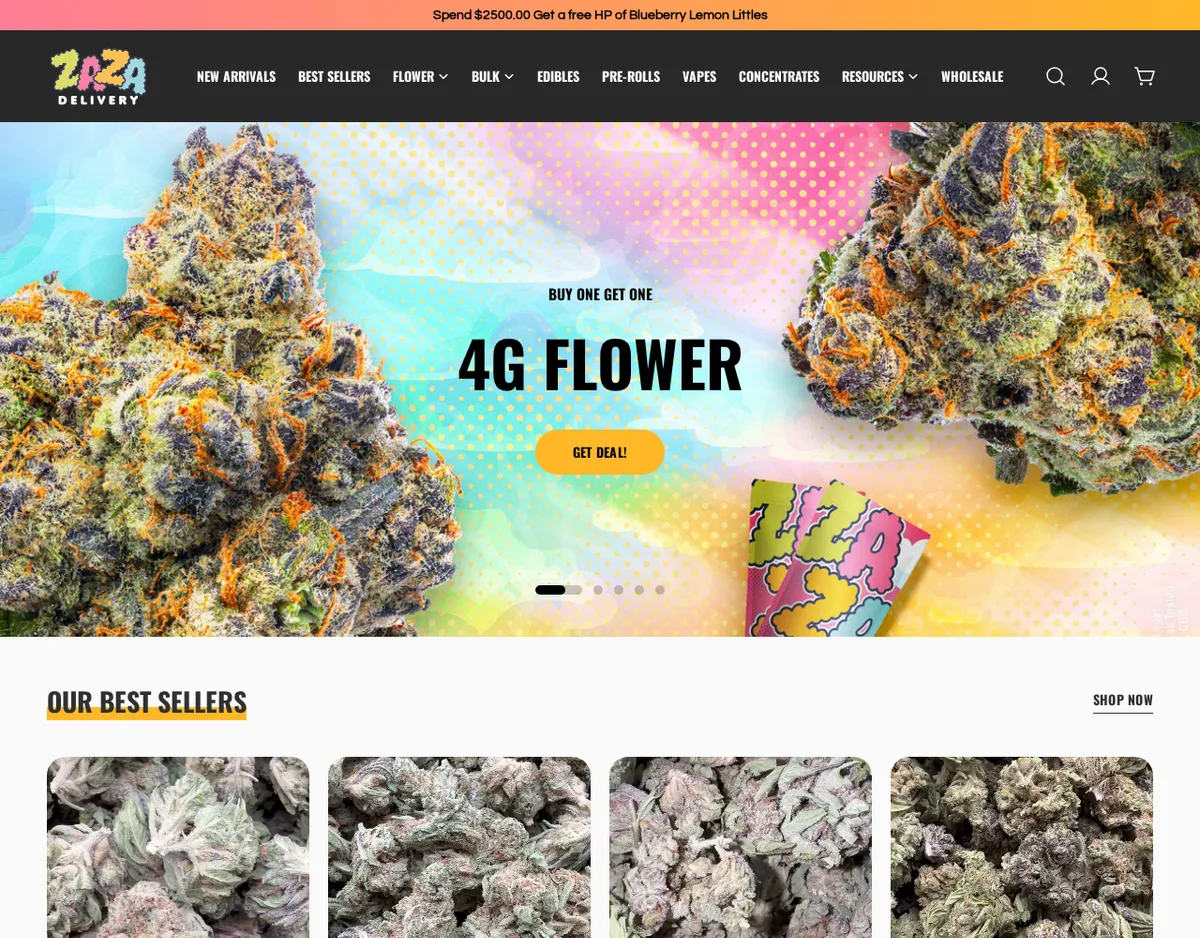 The Zaza Delivery storefront at shopzaza.com in October 2025: a buy-one-get-one banner for 4 g flower and a row of best-selling flower photographs.