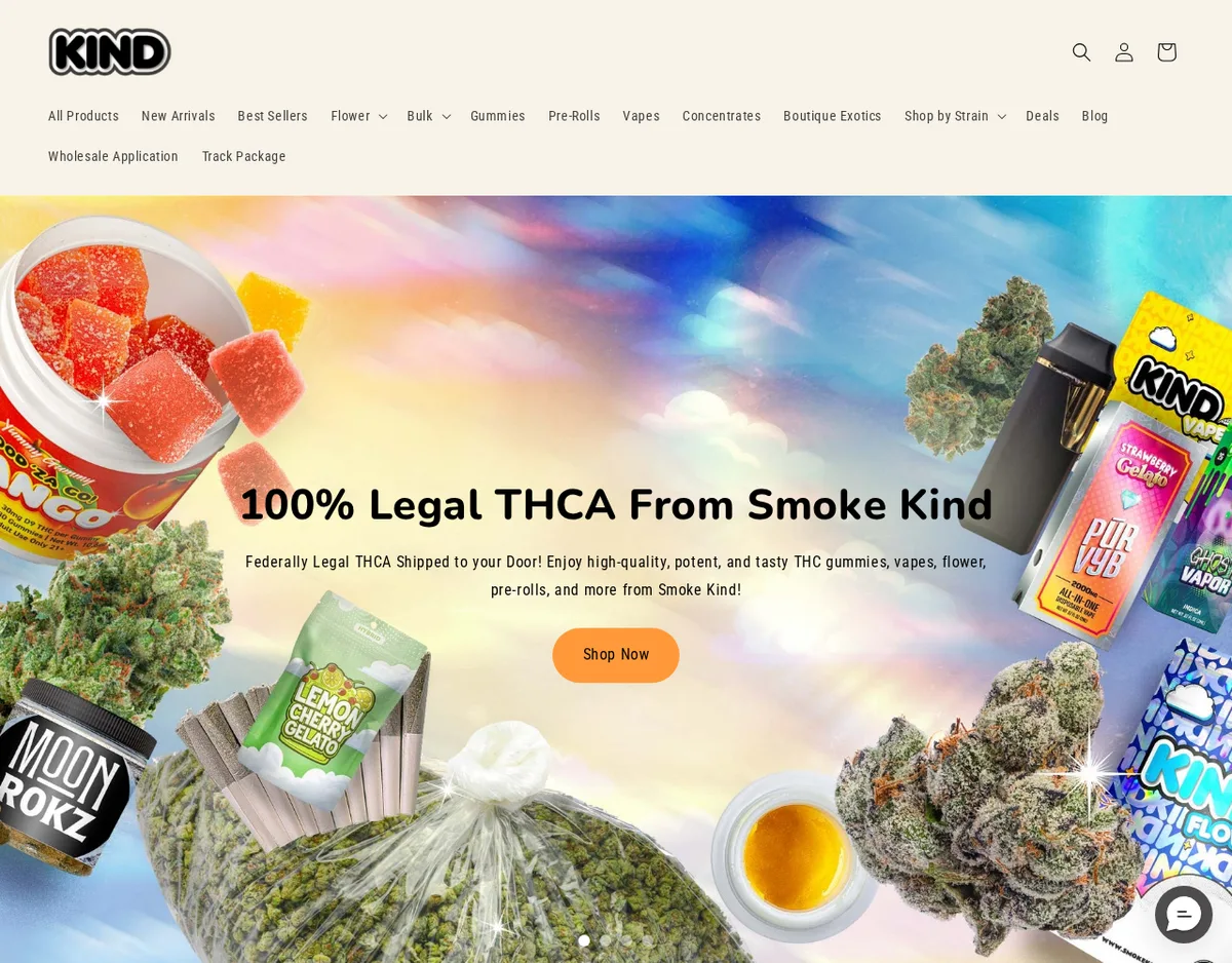 The Smoke Kind storefront in May 2026: a banner reading '100% Legal THCA From Smoke Kind' over gummies, vapes and flower, and a menu including Boutique Exotics.