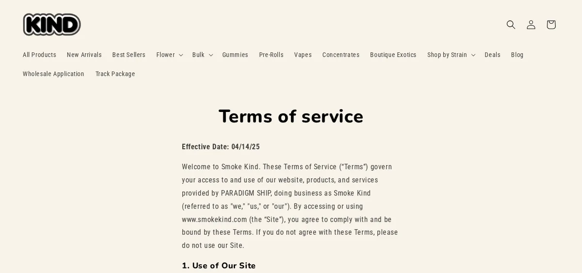 The top of Smoke Kind's terms of service, effective 04/14/25: 'provided by PARADIGM SHIP, doing business as Smoke Kind'.