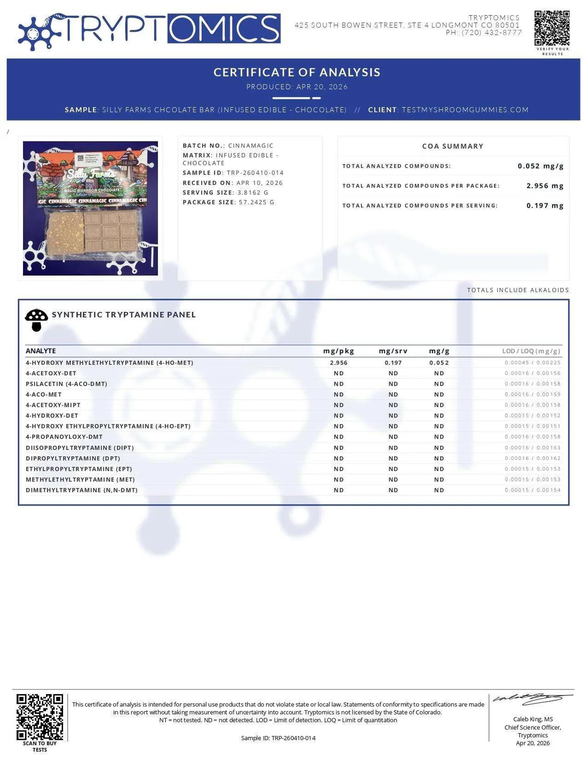 A Tryptomics certificate produced 20 April 2026 for a Silly Farms Cinnamagic chocolate bar, client testmyshroomgummies.com: 4-HO-MET 2.956 mg per package and 0.197 mg per serving; twelve other tryptamines not detected.