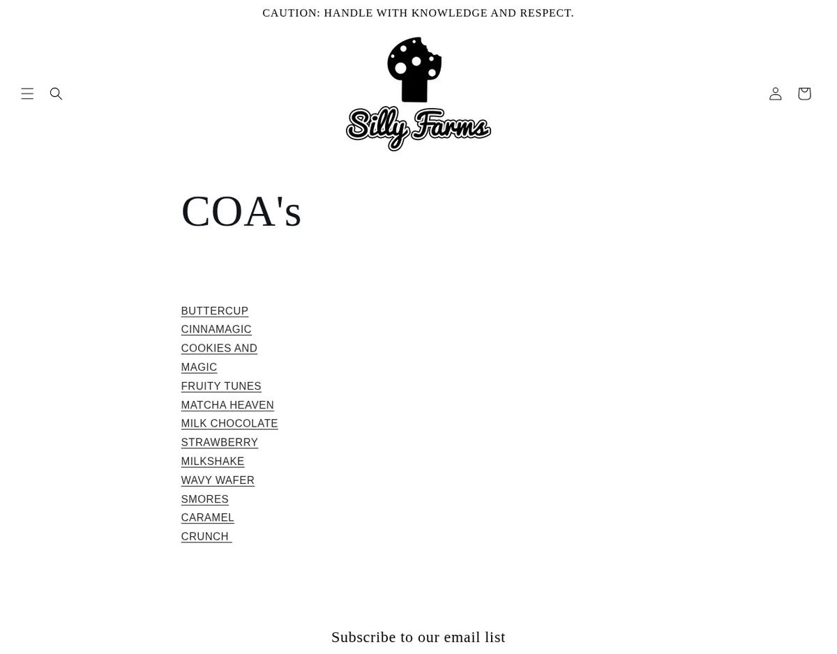 The Silly Farms COA's page in July 2025: a list of ten chocolate flavour names, each a link.