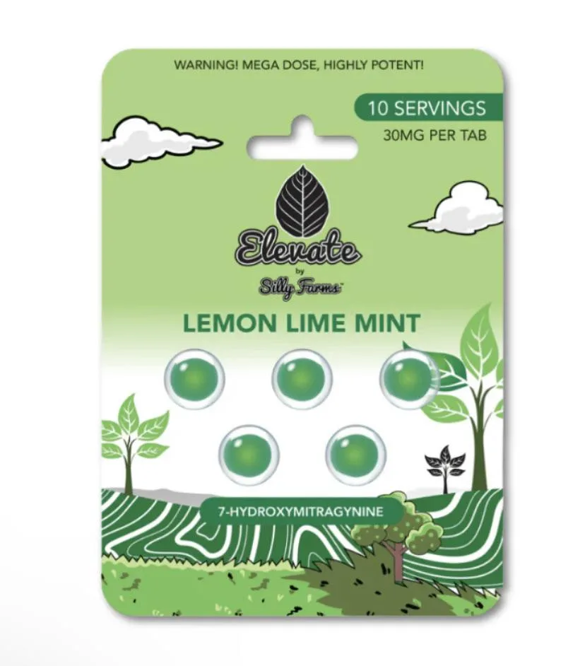 A blister card reading Warning! Mega dose, highly potent!, 10 servings, 30mg per tab, Elevate by Silly Farms, Lemon Lime Mint, five green tablets, and 7-hydroxymitragynine.