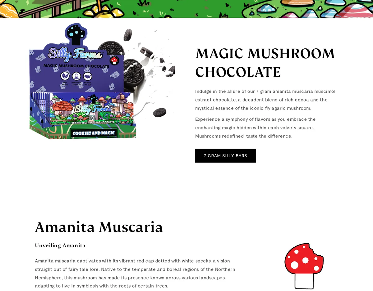 The Silly Farms home page in April 2024: a box of Cookies and Magic bars beside the heading Magic Mushroom Chocolate, text describing a 7 gram amanita muscaria muscimol extract chocolate, and a section headed Amanita Muscaria.