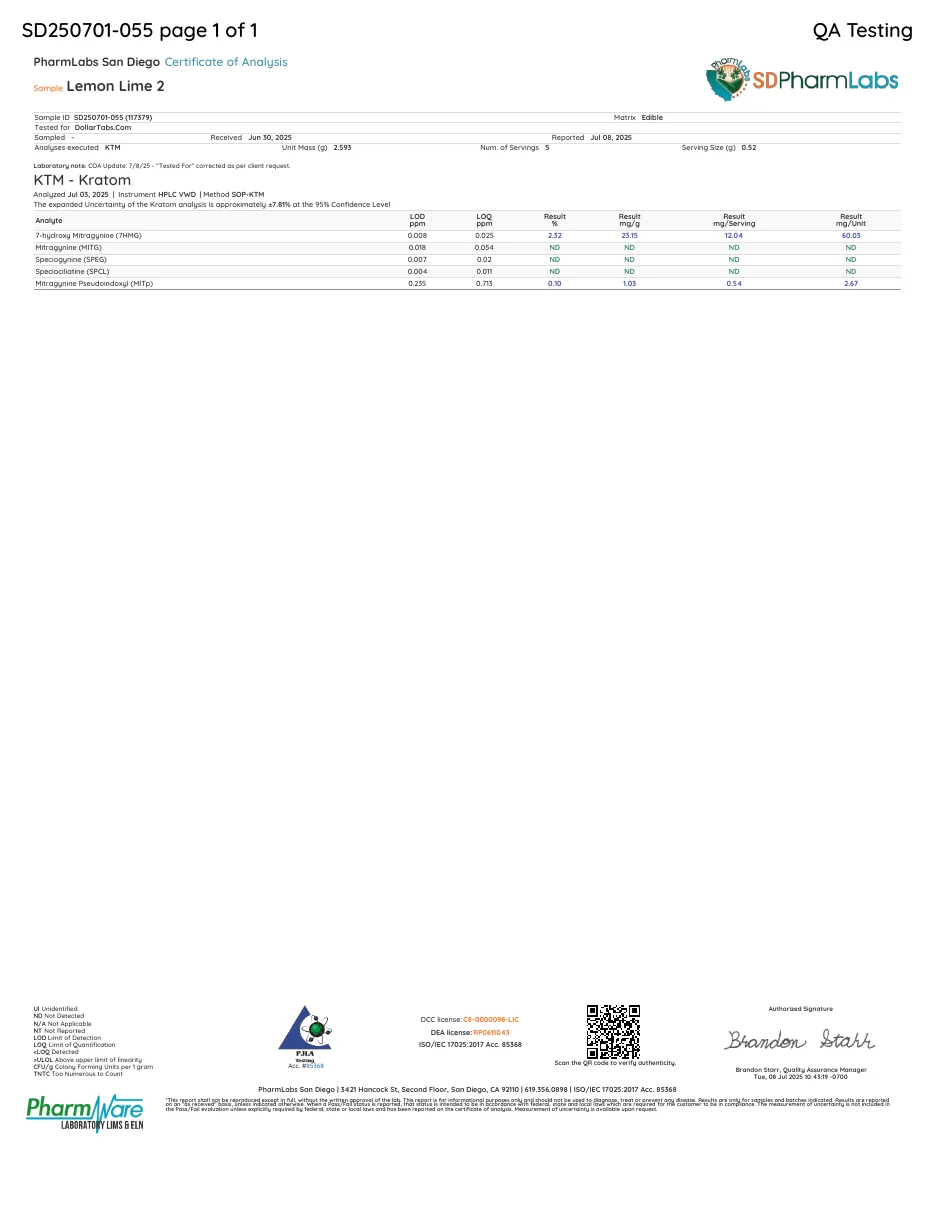 A PharmLabs San Diego certificate, sample Lemon Lime 2, sample ID SD250701-055, tested for DollarTabs.Com, received Jun 30, 2025, reported Jul 08, 2025, with a laboratory note: COA Update: 7/8/25 - Tested For corrected as per client request; 7-hydroxy mitragynine 12.04 mg per serving.