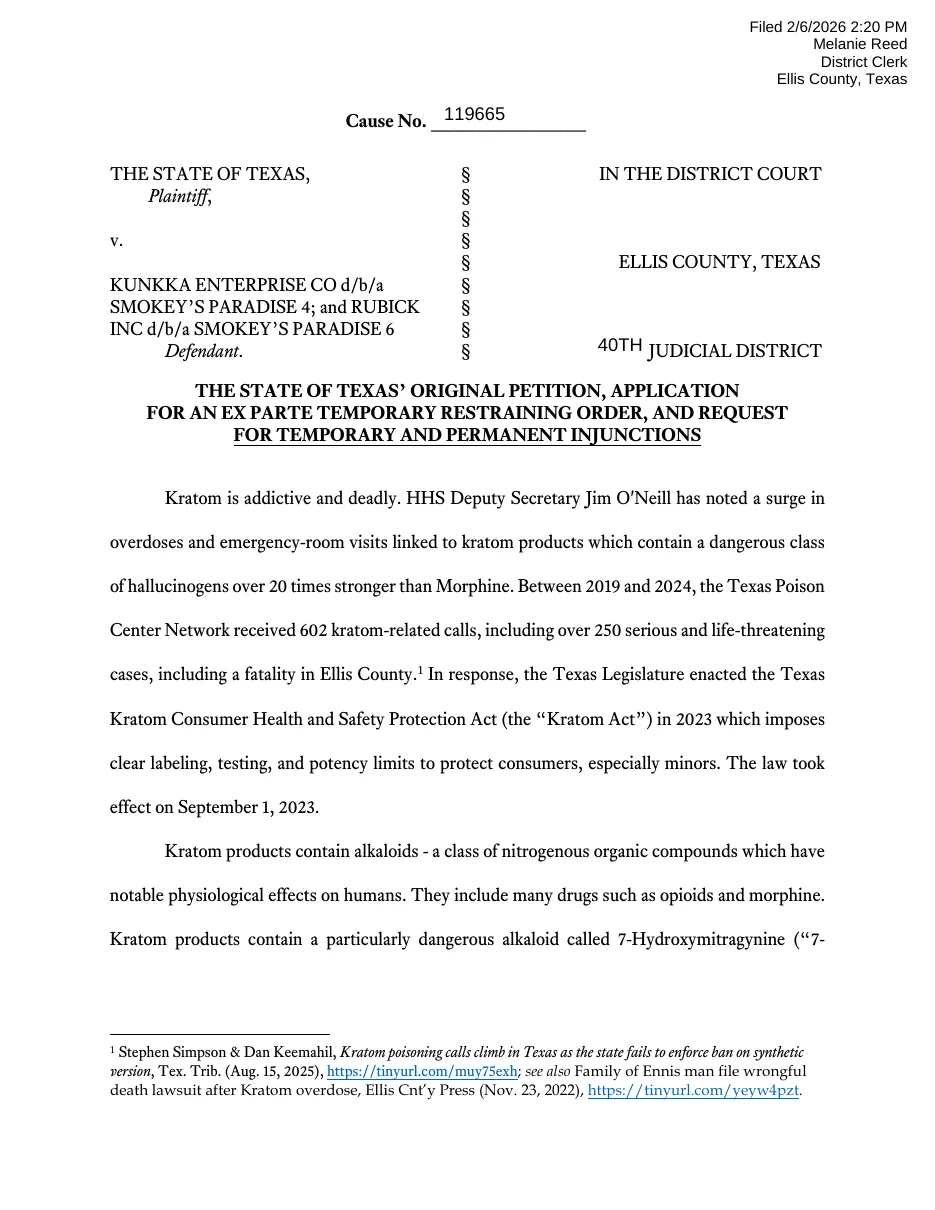 The first page of a court petition: Cause No. 119665, The State of Texas v. Kunkka Enterprise Co d/b/a Smokey's Paradise 4 and Rubick Inc d/b/a Smokey's Paradise 6, in the District Court, Ellis County, Texas, 40th Judicial District, filed 2/6/2026 2:20 PM.